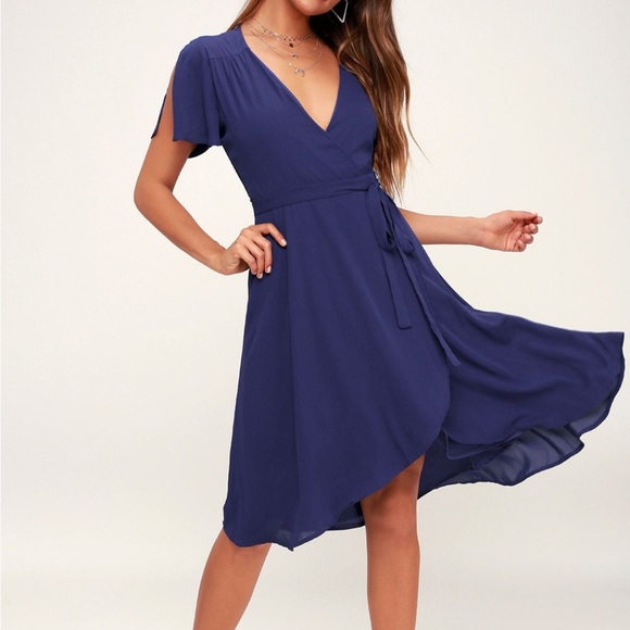 Womens XL Lulus Rise of the Occasion Royal Blue Wrap Dress Flutter Sleeve Midi - Picture 11 of 13